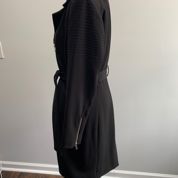 H&M black zip belted long jacket coat Trench SZ 8 Med M overcoat sash tie Moto - Picture 8 of 16